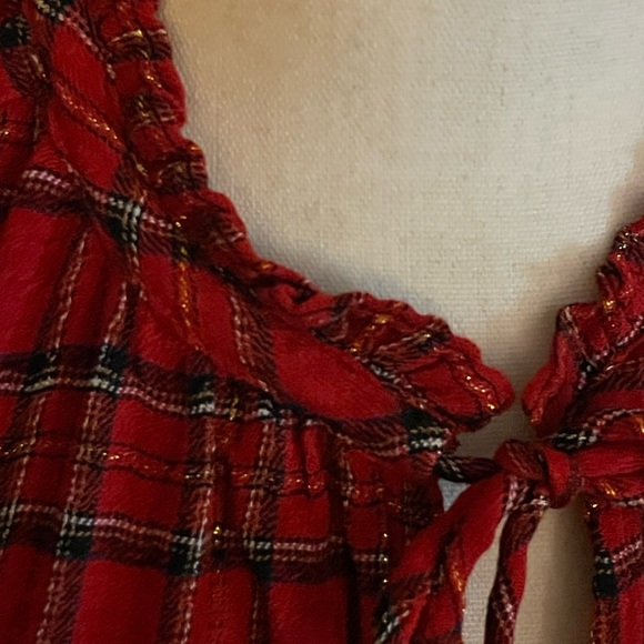 LOFT Ann Taylor Shimmer Red Plaid Tiered mini Dress size large gold buttons tie - Picture 13 of 16
